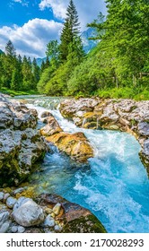 Fast river flow in the forest. RIver rapids in mountain forest. Forest river rapids. River stream in forest - Shutterstock ID 2170028293