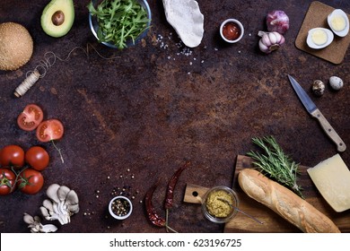 Fast Snack Ingredients, Burger And Sandwich Menu. Restaurant Frame, Copy Space, Top View, Flat Lay.