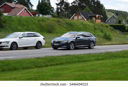 Fast Speed Undercover Cop Police Car Stakeout - Busy Traffic During Summer Vacation - Travel And Road Trip - Sunny And Summer Season - Kongsvinger, Norway (26th June 2019)