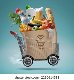 Fast turbo shopping cart delivering groceries, online grocery shopping and express delivery concept