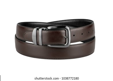 fastened fashionable men's brown leather belt with dark matted metal buckle isolated on white background