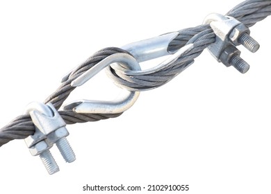 Fastening of two metal cables, isolated on white background. The thimble swivels connect. 