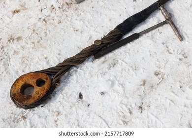 Fastening Of Two Steel Cables. Twisting The Crane's Steel Wire Rope At The End To Connect Two Ropes Or Slings.