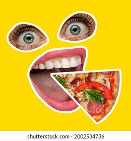 Fastf ood time, funny mood. Composition with female mouth and eys and slice of pizza isolated on yellow neon background. Contemporary art collage. Copy space for ad. Conceptual bright art collage.