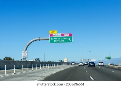 FasTrak Only Road Sign On The Entrance To Toll Express Lane On Highway 15 - California, USA - 2021