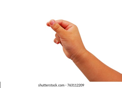 Fat Asian Child Girl's Hand Show Gesture Reach Up For Catch Something Isolated On White Background.