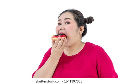 Fat Asian Woman Enjoy Eating Fast Foods. Overweight Female Happy With Big Meal. Asia Fat Woman Eating Donuts Isolated On White Background