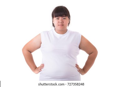 Fat Asian Woman Wear White T-shirt Isolated On White Background.