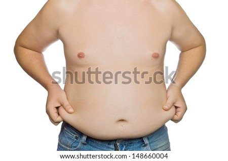 Fat bald man's belly on white background