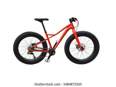 Fat Bike With Red Frame Isolated On White Background. Off-road Bicycle For Snow, Sand And Other Extreme Trails