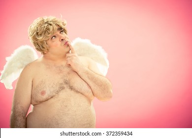 Fat Blonde Cupid Angel Think Portrait On Pink