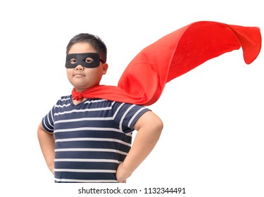 Fat Child Plays Superhero Isolated On White Background, Boy Power Concept.