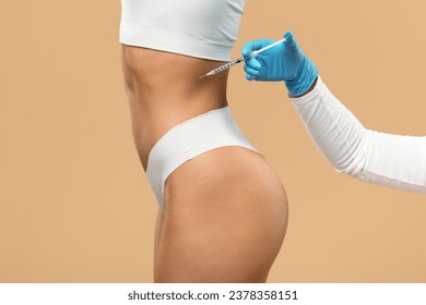 Fat Dissolving Injections. Unrecognizable Doctor Making Lipolysis Shot With Syringe To Female Waist Area, Young Female In Underwear Getting Slimming Treatment By Professional Beautician, Cropped