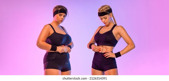 Fat to fit concept. Fat size plus model fith thin athletic fitness girl. Idea for social media post on the dietetics or nutrition topic.