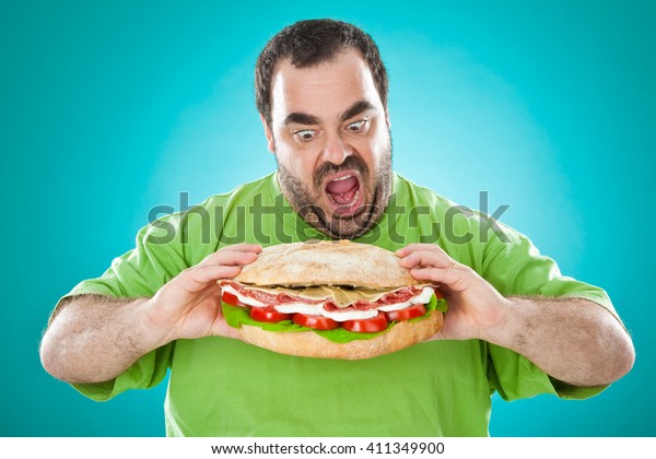 Fat Funny Man Eat Huge Sandwich Stock Photo (Edit Now) 411349900