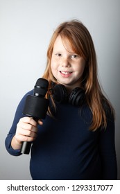 Fat Girl Singing Song Into Microphone. Young Star, Looking For Talents.