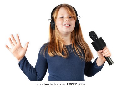 Fat Girl Singing Song Into Microphone. Childrens Karaoke Party.