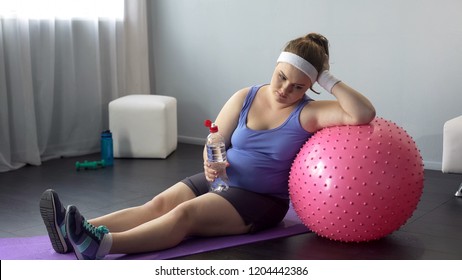 Fat Lady Depressed About Her Weight Unsuccessful Workout Restoring Water Balance