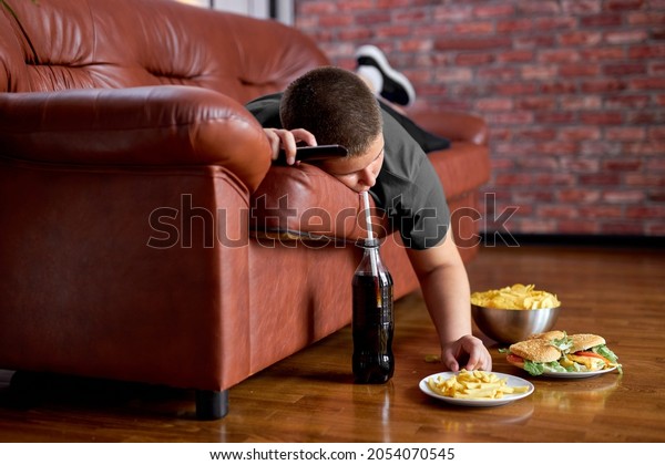 Fat Lazy Boy Taking Fries From Plate Lying On\
Sofa, Alone At Home, Teenager Boy Having Rest After School,\
Relaxed. Caucasian child lead unhealthy lifestyle, eating junk\
meal. overweight, obesity