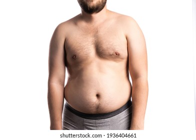 Fat Man With A Big Belly. Diet. White Background Isolated.