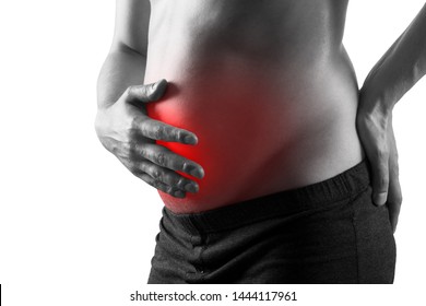 Fat Man With Bloating And Abdominal Pain, Overweight Male Body Isolated On White Background, Painful Area Highlighted In Red