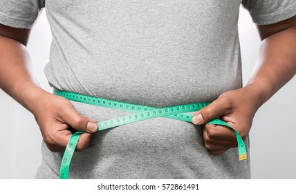 fat man check out his body fat with measuring tape for white or obesity background