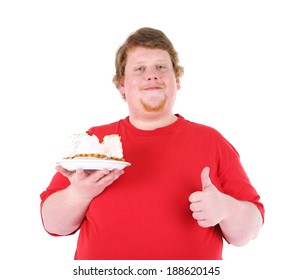 Fat man with creamy cake isolated on white