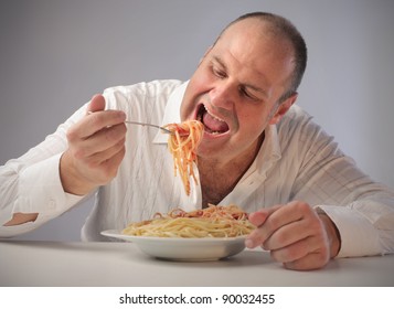 Fat Man Eating Spaghetti