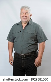 Fat Man Formal Shirt Mockup -Elderly Man Green Shirt Mockup - Front Side. Mature Man Smiling On White Background