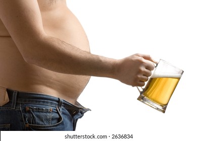 Fat man holding a beer glass against white background
