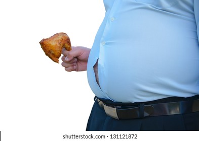 Fat Man Holding Fried Chicken With A Fat Stomach