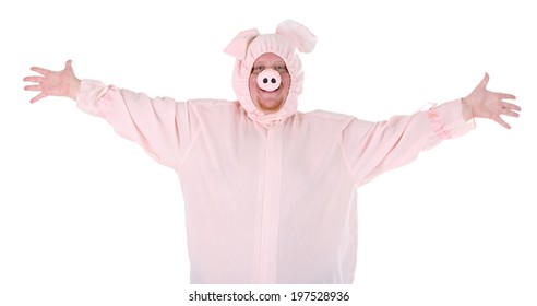 Fat Man In Pig Costume Isolated On White