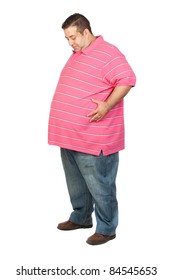 Fat Man With Pink Shirt Isolated On White Background