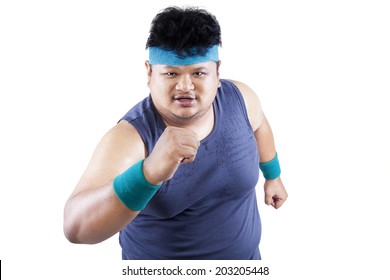 Fat man running for exercising. isolated on white background