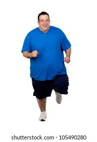Fat man running isolated on white background