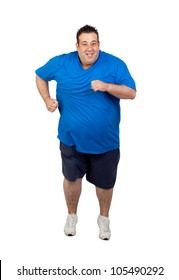 Fat man running isolated on white background