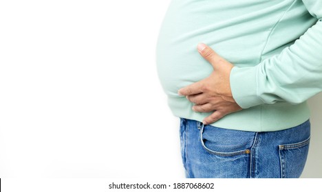 Fat Man Suffering From Stomach Pain, Health Problem, Ulcer Discomfort Or Metabolic Disorder. Banner With Copy Space