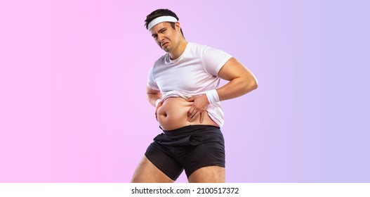 Fat Man Want To Lose Weight And Become A Slim Athlete. Fitness Concept.