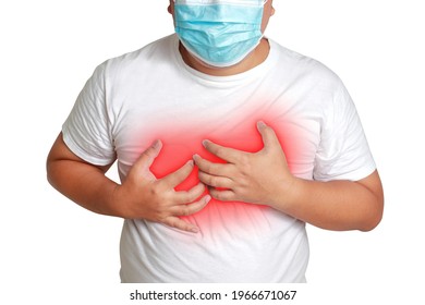 Fat Man Wearing A Mask Put Your Hand On Your Chest With Trouble Breathing Are At Risk Of Developing Diabetes Hypertension Coronary Heart Disease Hyperlipidemia Coronavirus Danger Condition