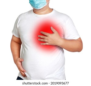 Fat Man Wearing A Mask Put Your Hand On Your Chest With Trouble Breathing Are At Risk Of Developing Diabetes Hypertension Coronary Heart Disease Hyperlipidemia Coronavirus Danger Condition. 