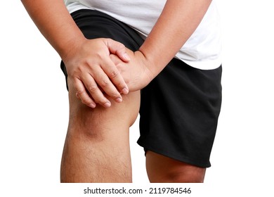 A Fat Man Wearing A White Shirt Put His Hands On His Knees. He Has A Knee Pain Injury From Playing Sports. Obesity Concept. Overweight Risk Of Various Diseases Including Osteoarthritis. Clipping Path