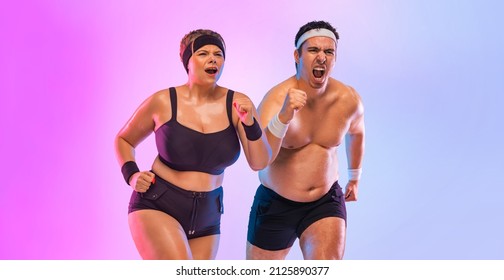 Fat Man And Woman Doing Cardio Workout To Lose Weight. Couple Jogging And Running Over Pink Background.