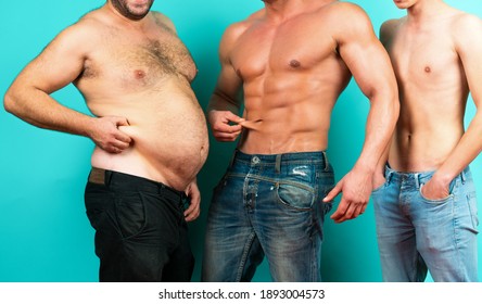 Fat, muscular and thin. Different bodies. Before and after diet and workout. Weight loss and weight gain. Fat, muscular and thin mans. Fat percentage - Powered by Shutterstock