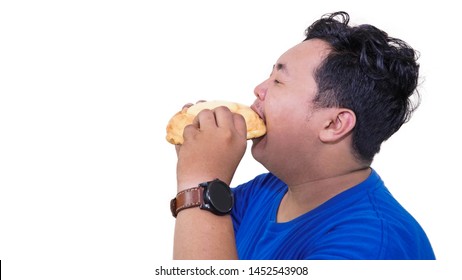 Fat Or Overweight Asian Man Eating A Lot Of Big Unhealthy And Sweet Food On The Plate Isolated In White, Fat Man Greed Concept, Diet Concept