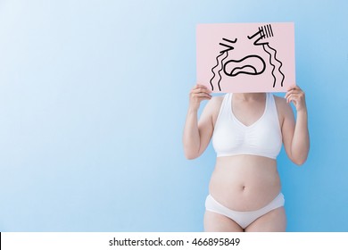 Fat Overweight Woman Take Crying Billboard And Body With Blue Background, Asian