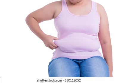 Fat Overweight Women Pinching Her Fat Tummy. Isolated On White Background.