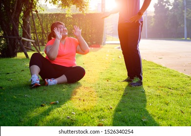 Fat Plump Woman Anti And Boring Jogging Exercise, Upset Hate Running Jogging, Refused Trainer Exercise