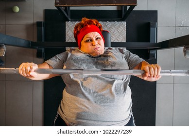 Fat Sweaty Woman, Workout With Barbell In Gym