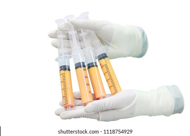 Fat In Syringes For Injection On The Face. Hold By Hand On A White Background