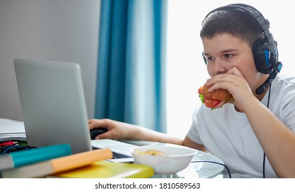 Fat Teenager Boy Eat Junk Food And Play Computer Games, Lead Unhealthy And Passive Lifestyle, In Bedroom